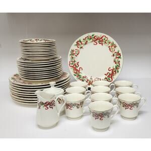 Christmas Ribbon By World Bazaars Vintage 42 PC Porcelain Dinnerware Dish Set